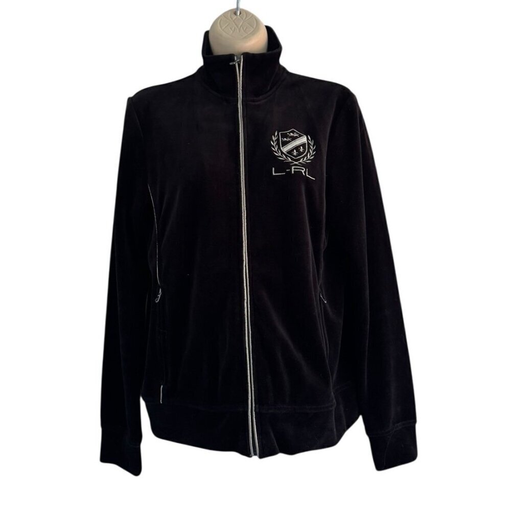 LRL Ralph Lauren Active Women's Sz S Black Velour Monogram Crest Zip Up Jacket